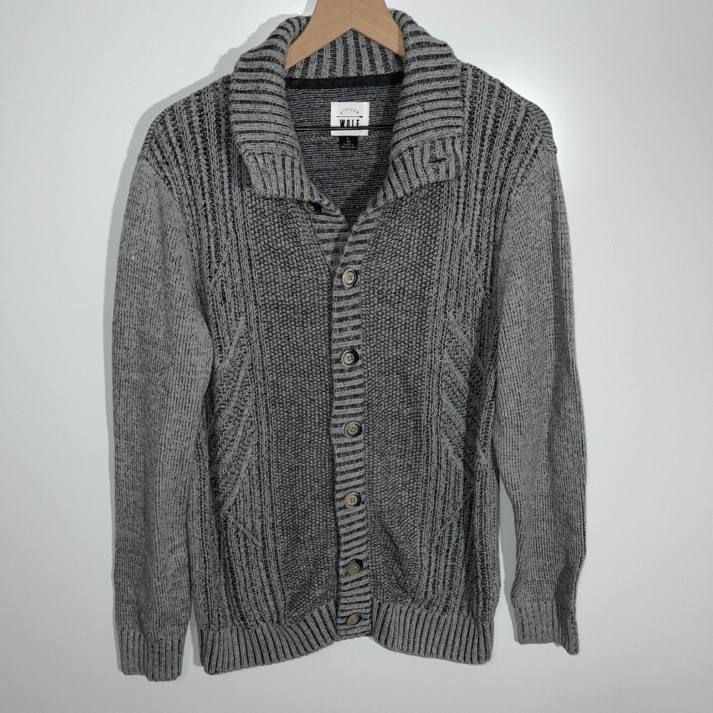 Citizen Wolf Chunky‎ Knit Cardigan Elbow Patches Button Down Gray Size Large